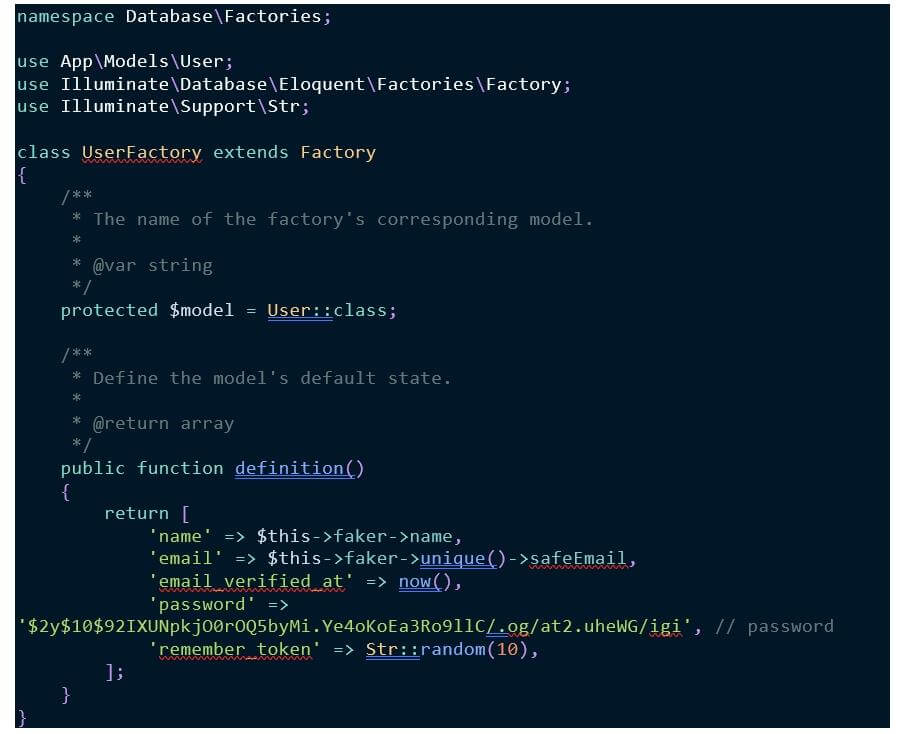Laravel 8 User Factory code: